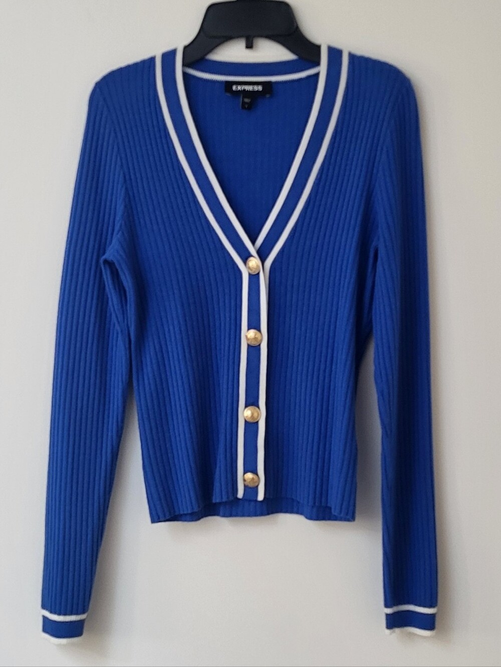 Express Royal Blue Ribbed V-Neck Cardigan with White Trim and Gold Buttons